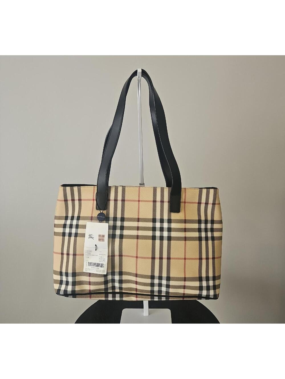 Plaid Canvas Tote with Black Leather Handles - Beige/Black